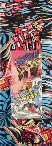 Christian Marclay: «Blubble Thmp», 2011. Hanging scroll, Archival pigment print on Kozo with fabric mounted on Japanese backing paper, cedar, sandalwood scroll rods, and silk hanging cord, 187 x 68 cm Bild: © Will Lytch, Courtesy the artist and Paula Cooper Gallery, New York